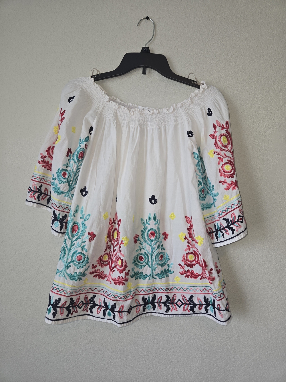 FERATELLA White Floral Embroidered 100% Cotton Peasant Blouse Off-Shoulder 3/4 M